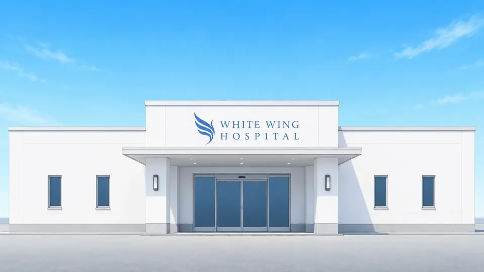 White Wing病院の外観。白い建物と青い翼のシンボルマーク
